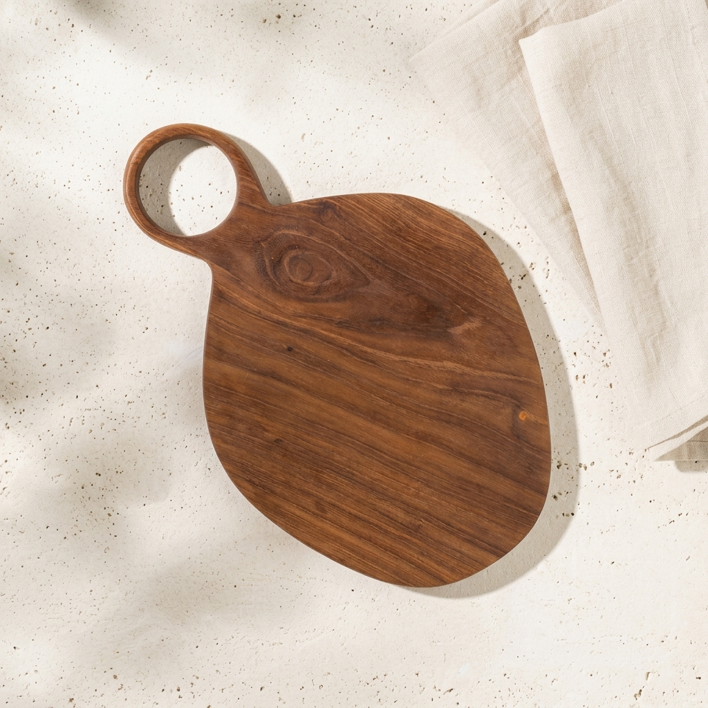 A teardrop-shaped wooden serving board with a loop handle, featuring a rich dark brown wood grain, styled on a textured cream surface next to a folded linen cloth.