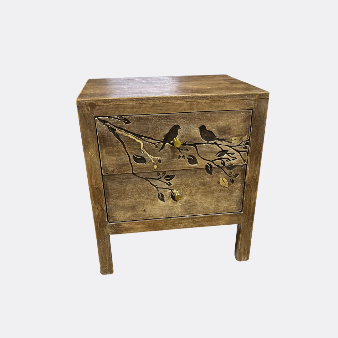 Wooden side table with bird and branch design on a white background