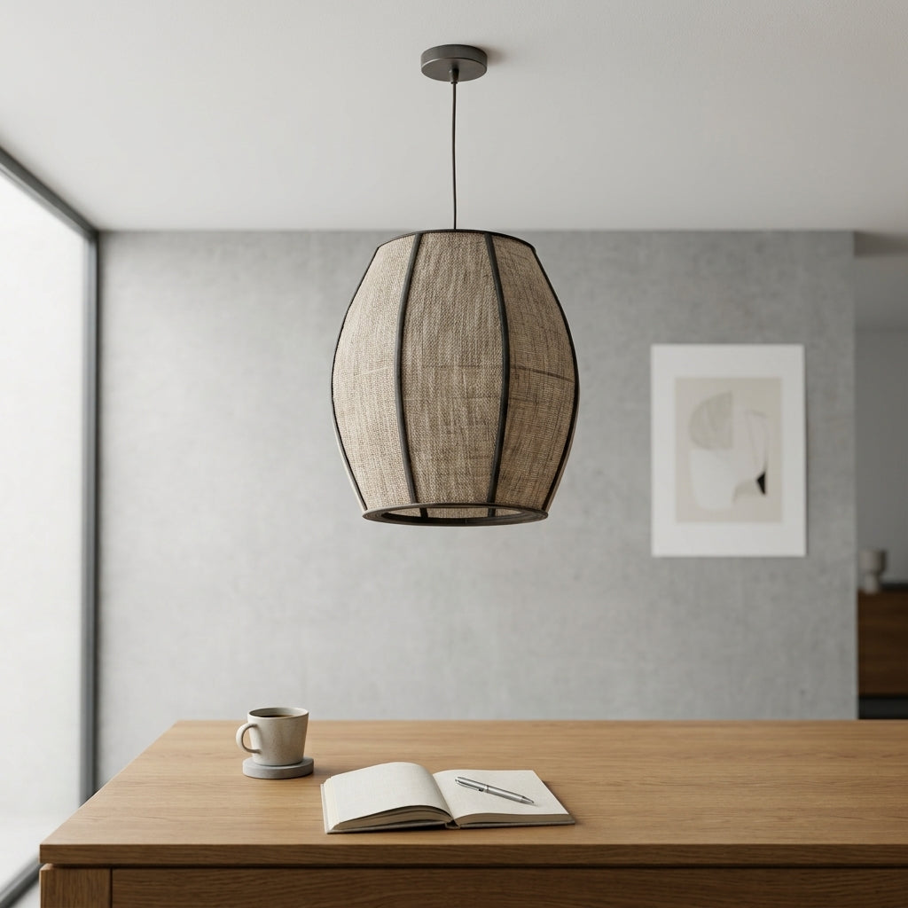A black woven pendant light shade with a textured, ribbed pattern, suspended by a thin black cord against a plain white background.