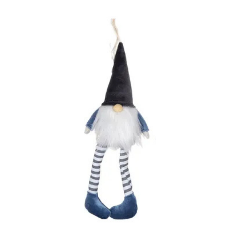 A hanging gnome decoration with a tall black pointed hat, white beard, blue sleeves and shoes, and striped blue-and-white legs, shown on a plain white background.