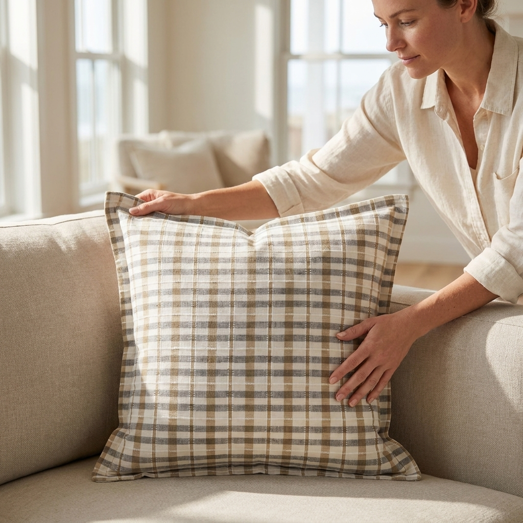 A woman in a cream linen shirt sits on a beige sofa, holding a square throw pillow with a brown and beige plaid pattern in a brightly lit living room.