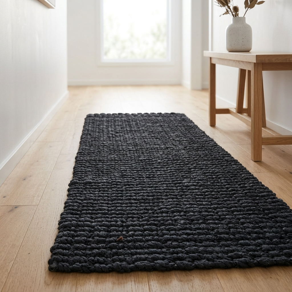 A dark charcoal gray braided runner rug laid out on a light wood floor in a bright, modern room with a wooden side table and vase.