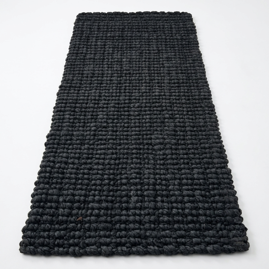 A rectangular black textured rug with a chunky, looped braided pattern, photographed flat against a clean white background.