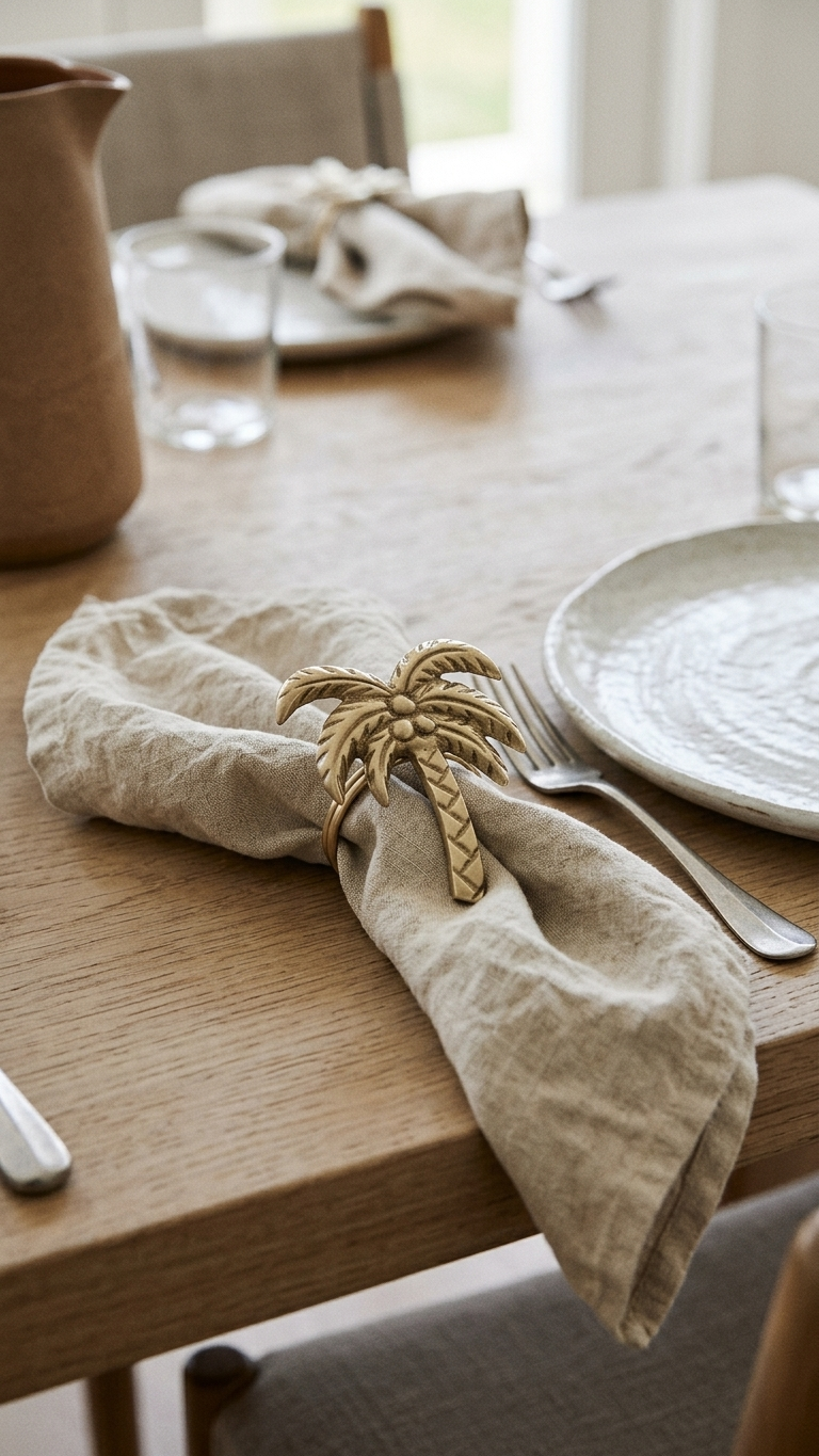 A beige linen napkin on a wooden dining table, secured with a gold palm tree ring holder, alongside a white textured plate and silver fork.