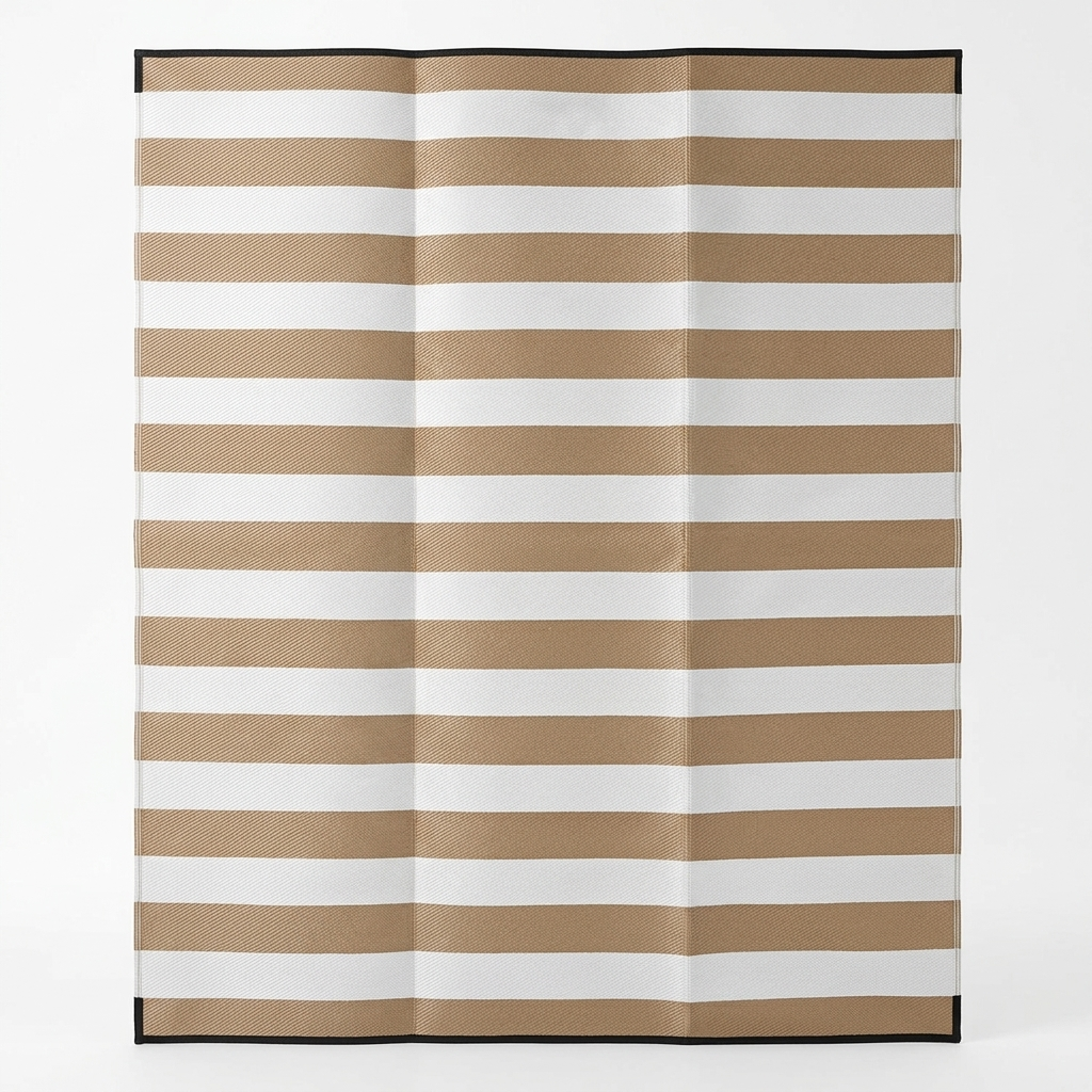 A rectangular striped mat or rug with alternating horizontal tan and white stripes, finished with a thin black border, shown flat against a light gray background.