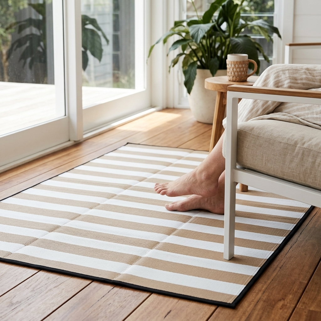 A rectangular area rug with alternating beige and white horizontal stripes and a black border, shown on a wooden floor in a bright room. A person's bare feet are standing on the rug near a light-colored chair.