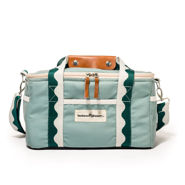 Teal and white bag with brown accents on a white background
