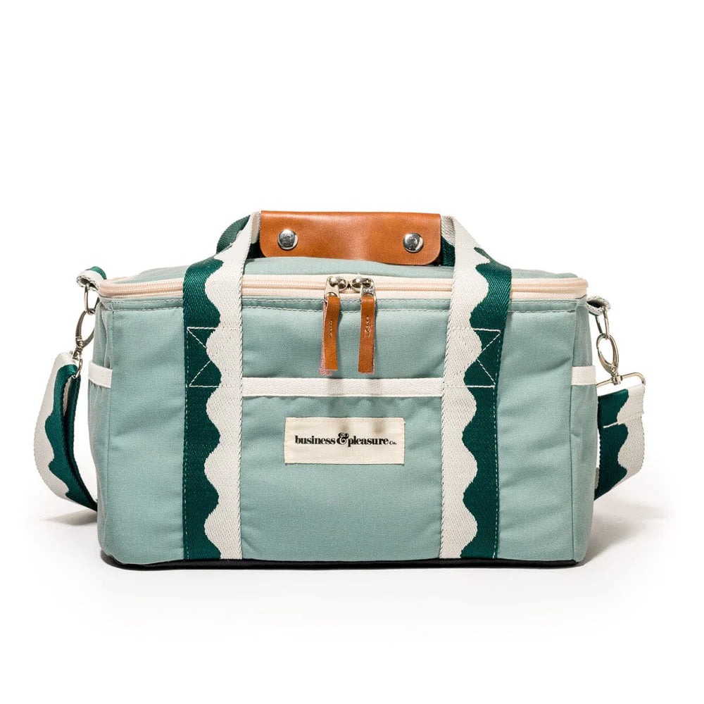 Teal and white bag with brown accents on a white background
