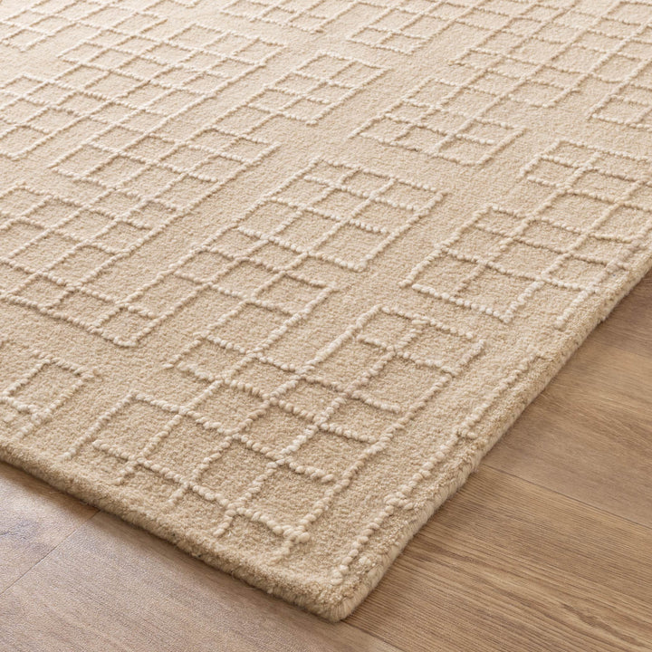 Beige textured rug on a wooden floor