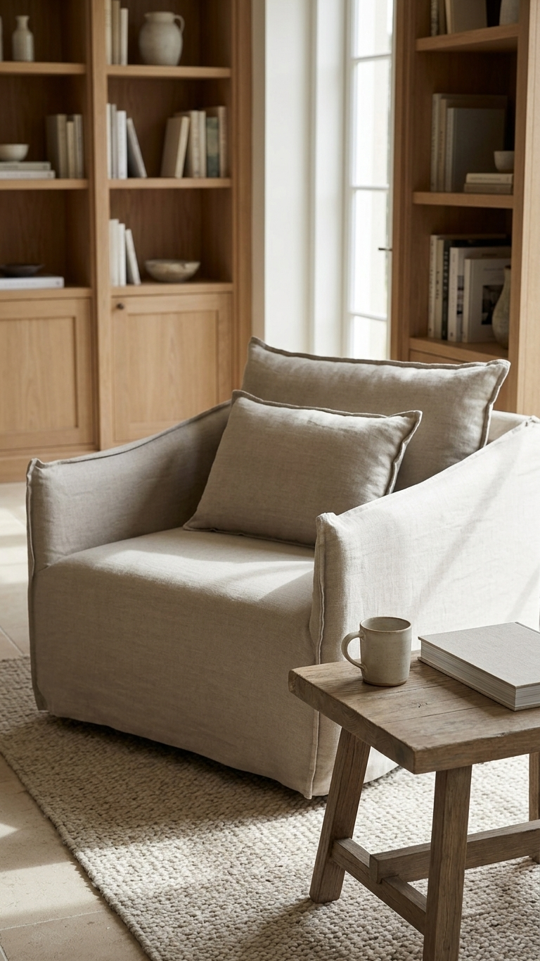 Beige armchair with cushions in a room with wooden bookshelves and a small table.