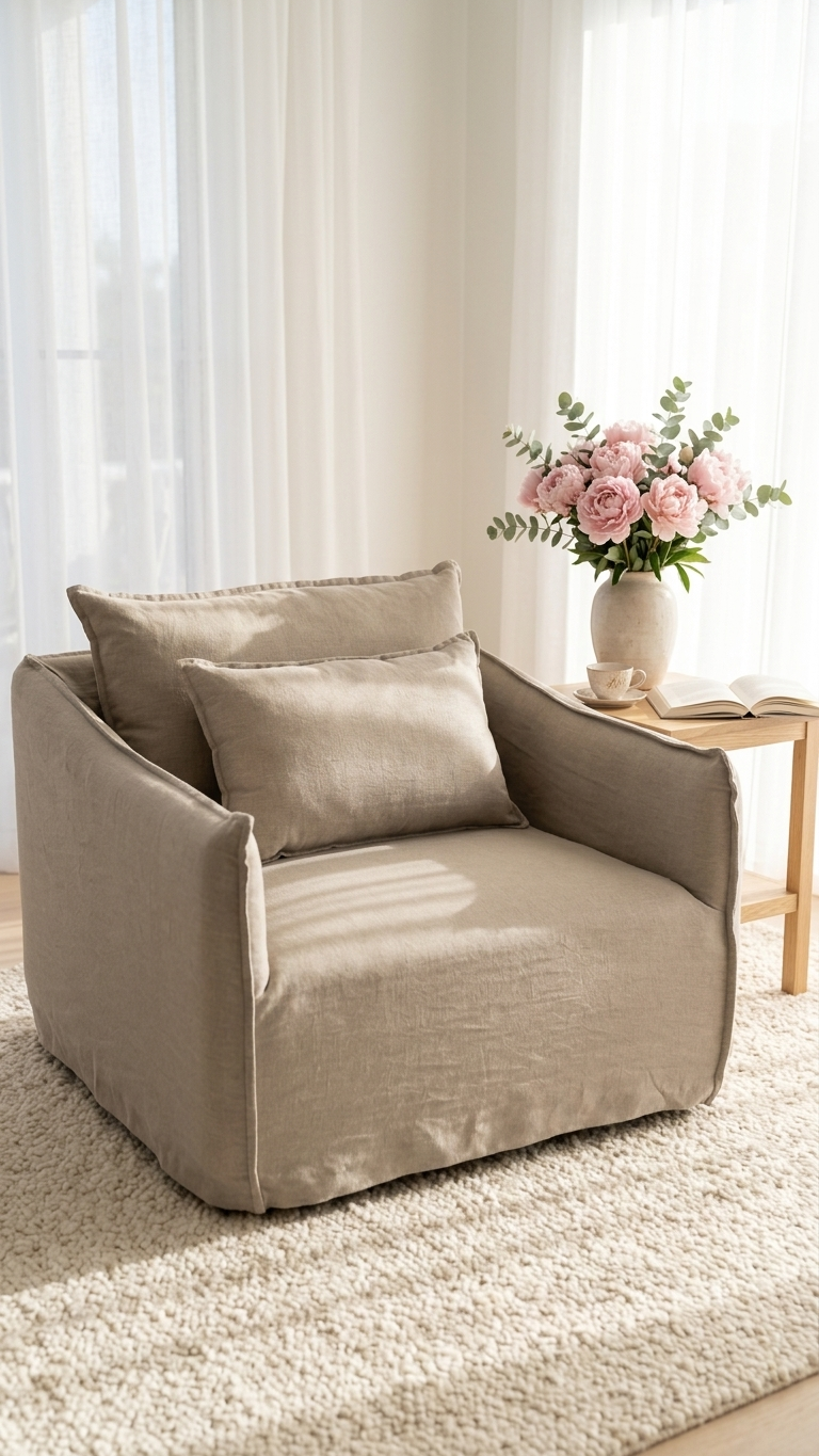 Beige armchair with pillows in a room with a side table and flowers.