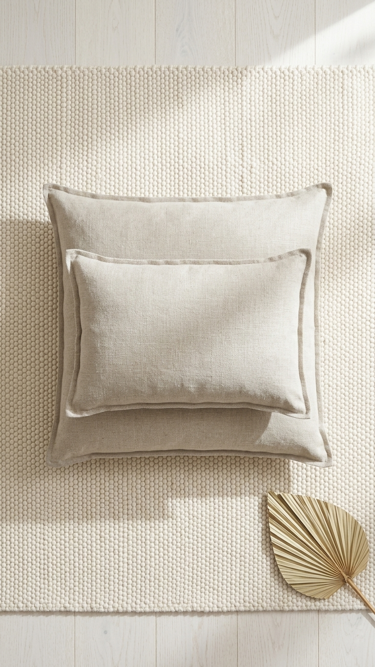 Two beige pillows on a textured surface with a dried leaf.