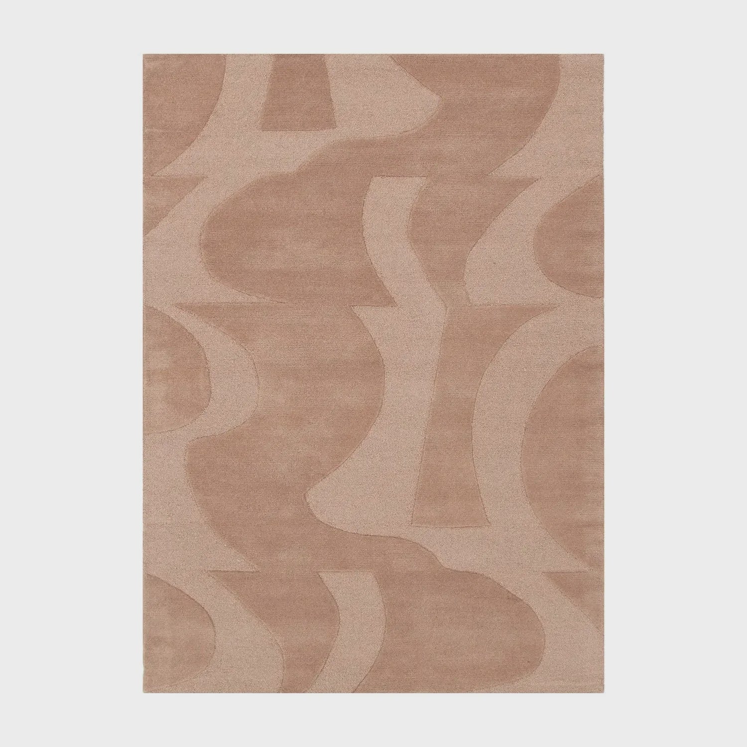 Beige area rug with abstract pattern on a light gray background