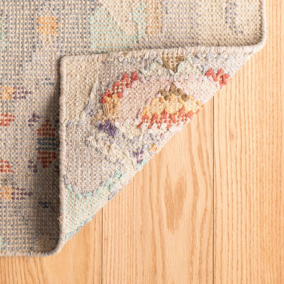 Textured rug with colorful pattern on a wooden floor