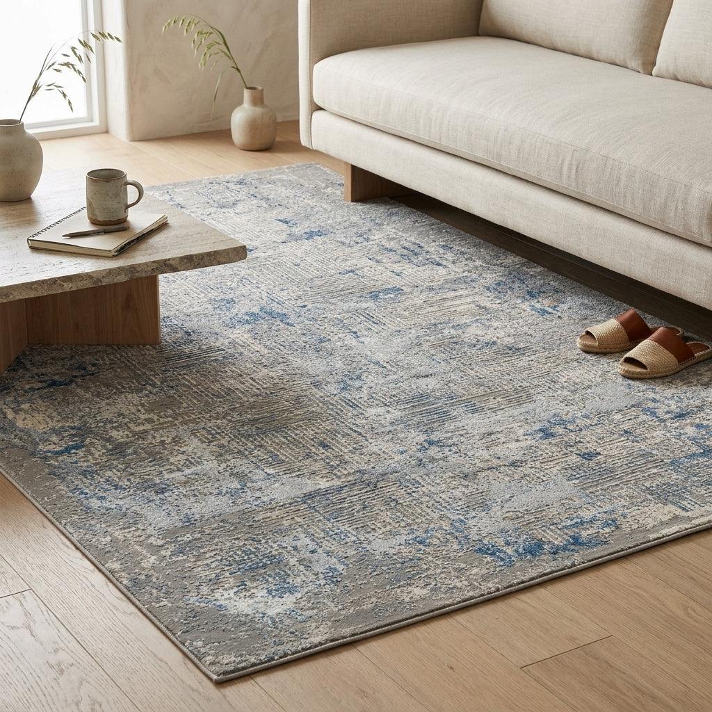 A rectangular area rug with a distressed blue and gray pattern, styled in a bright living room next to a beige sofa and a wooden coffee table.