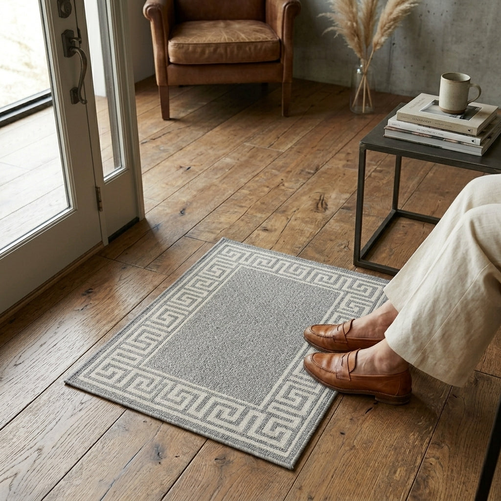 Person wearing brown shoes stepping onto a patterned rug in a room with wooden flooring and a chair.