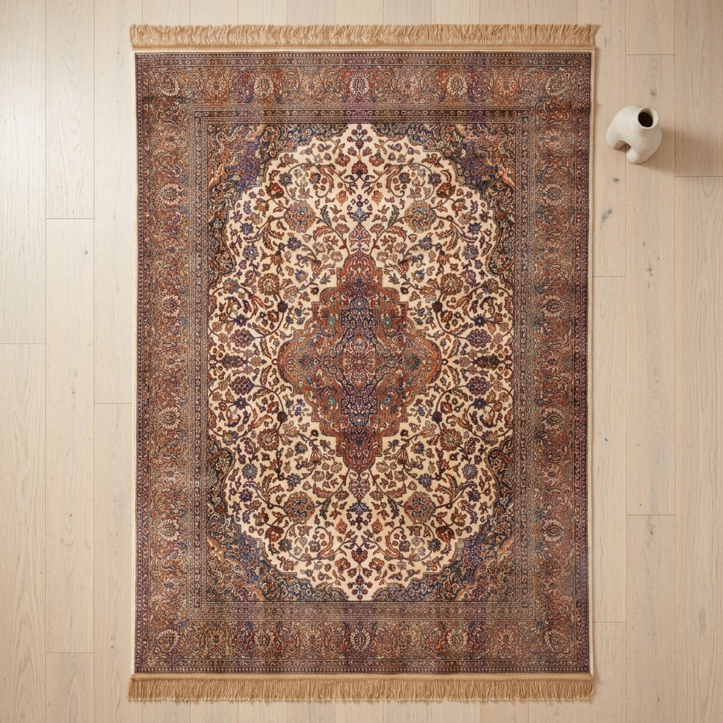 An ornate traditional area rug with a central medallion and intricate floral patterns, displayed flat on a light wood plank floor next to a small white wall-mounted vase.