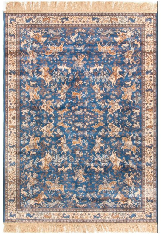 Decorative rug with intricate patterns on a blue background