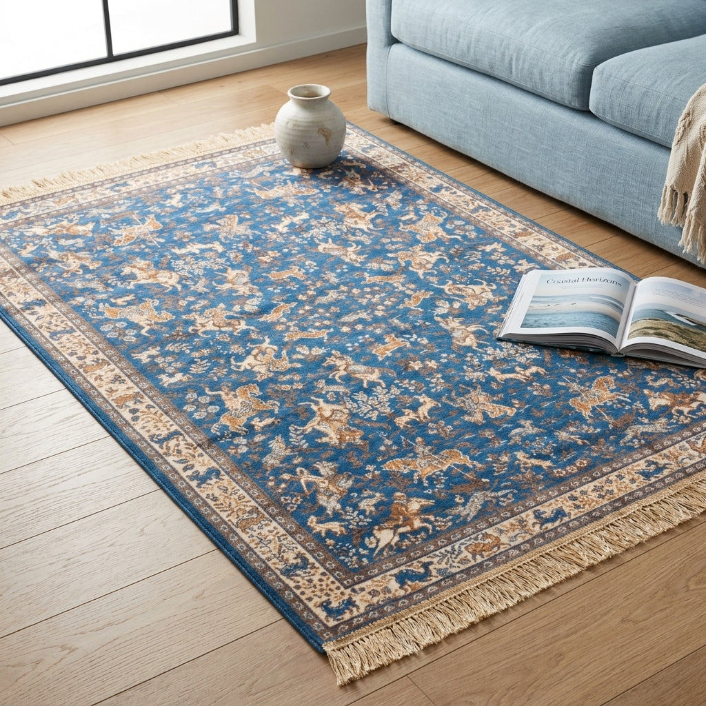 A rectangular blue area rug with an ornate beige and cream floral-and-animal pattern and fringe edges, shown on a light wood floor in a living room beside a pale blue sofa. An open book and a small vase are placed on the rug.