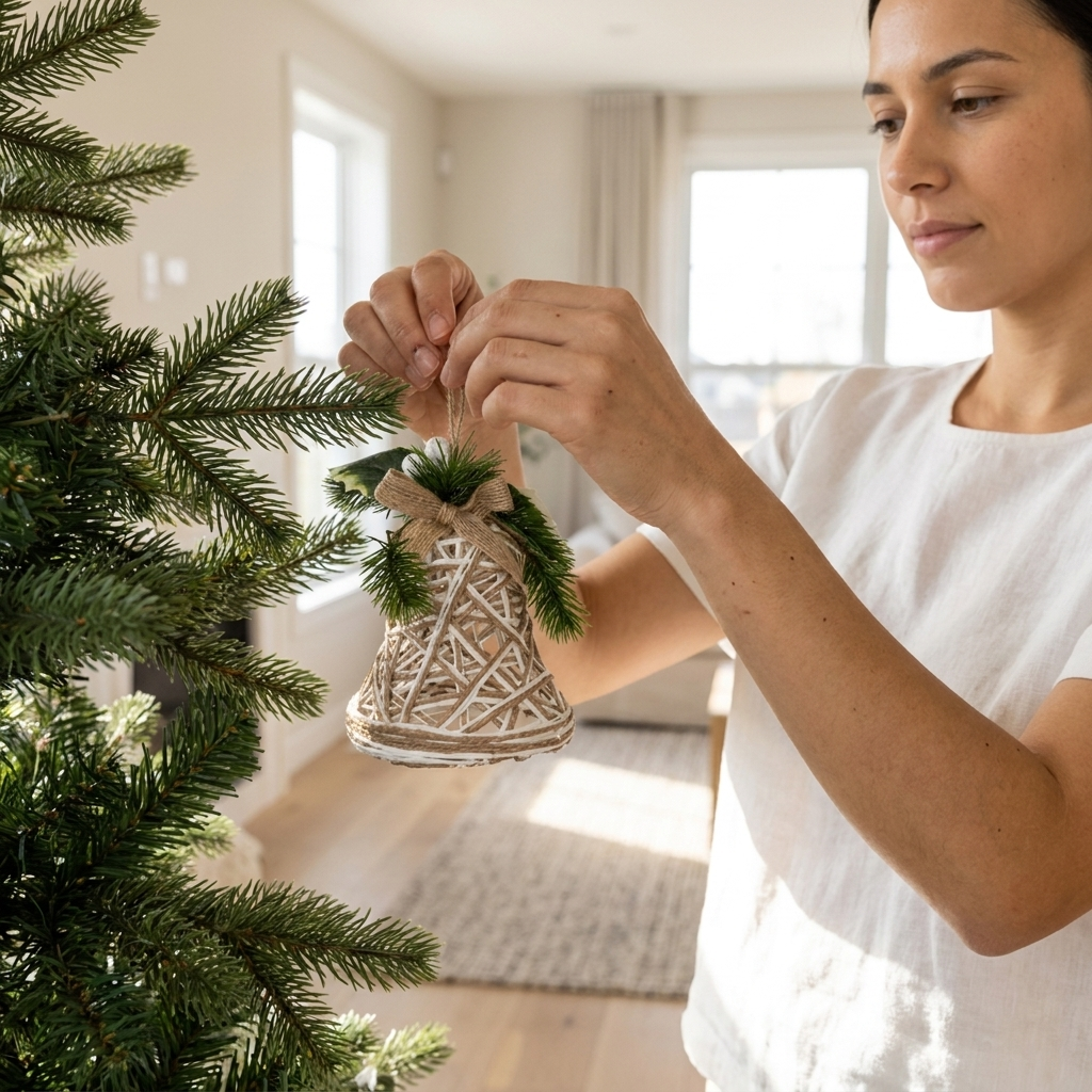 A woman in a white t-shirt hangs a decorative woven Christmas ornament shaped like a bell on a green Christmas tree in a bright, modern living room.