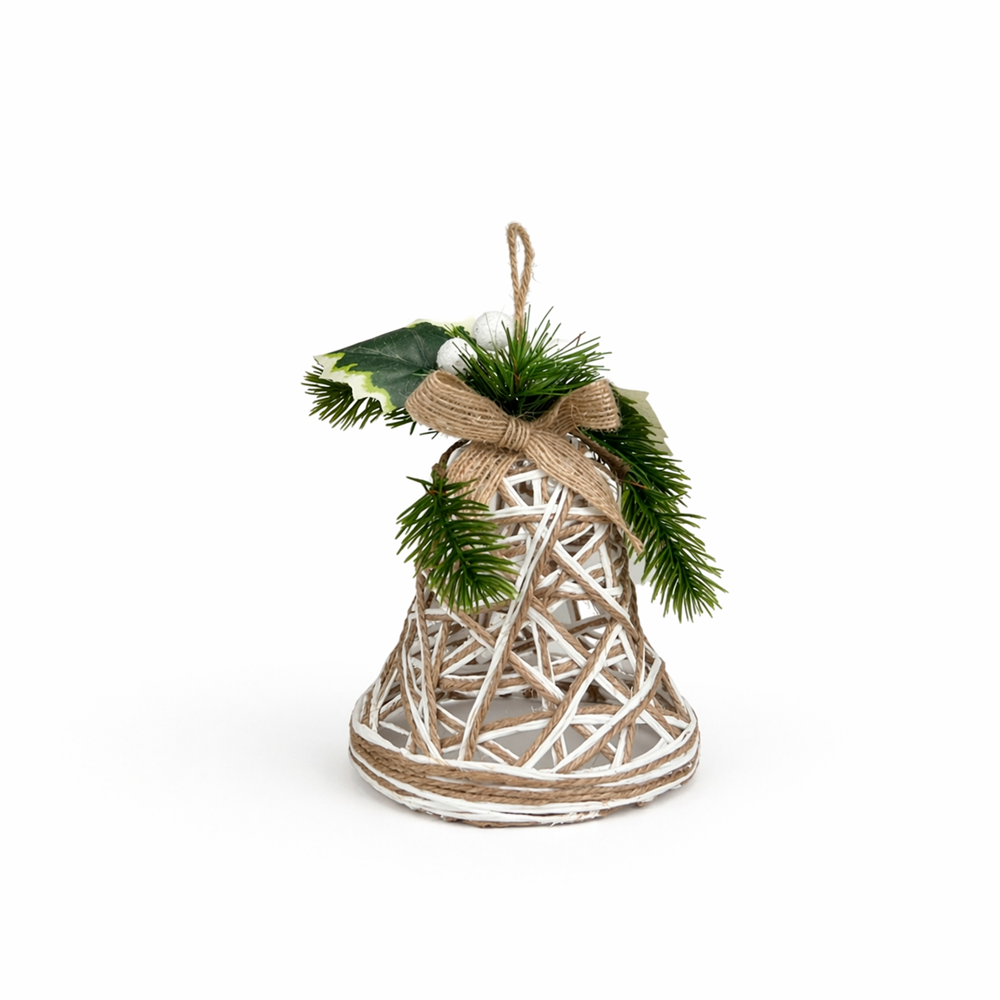 A decorative hanging bell ornament made of woven natural wood, decorated with green pine branches, a jute bow, and a small white bead, shown on a plain white background.