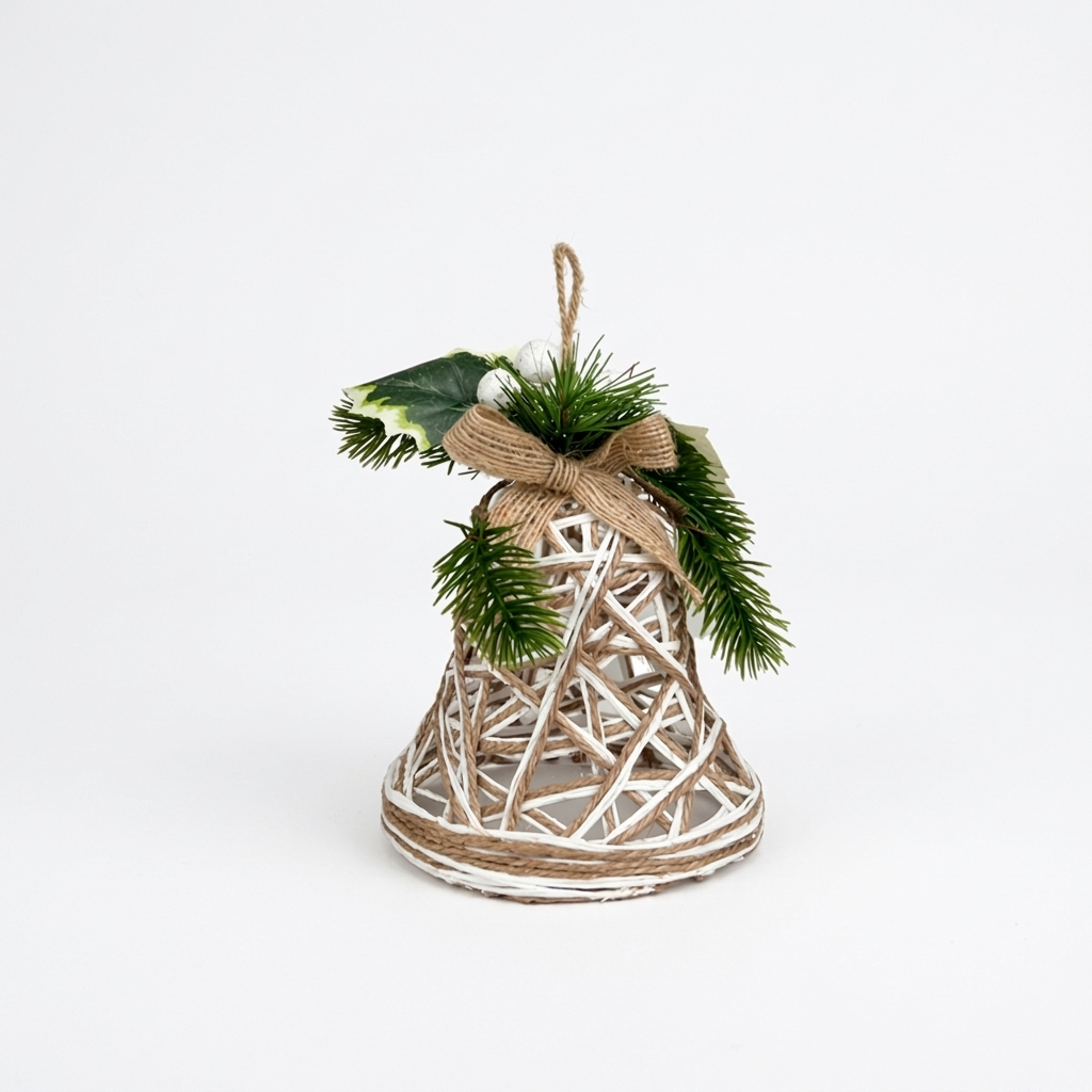 A decorative woven bell-shaped ornament with a natural twine handle, green pine branches, a brown ribbon bow, and a small white bead accent, photographed on a clean white background.