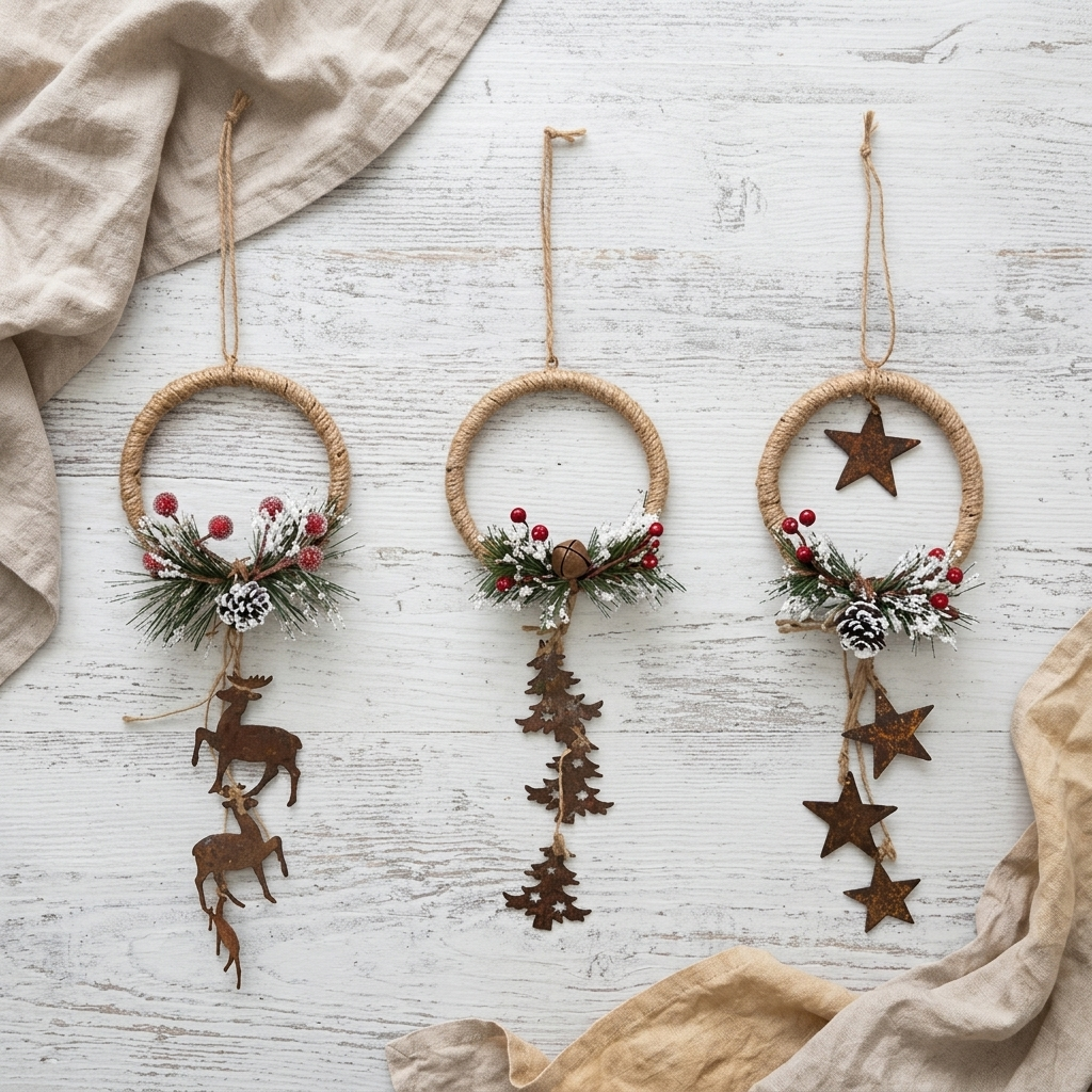 Three rustic Christmas wreath ornaments arranged on a whitewashed wooden surface with beige fabric accents. Each wreath is wrapped in natural twine, decorated with faux greenery, red berries, pinecones, and dangling brown wooden ornaments including stars, trees, and deer.