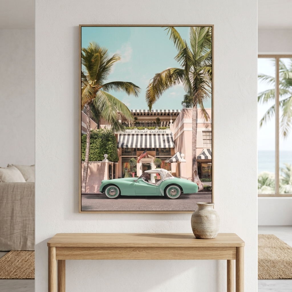 A framed vertical art print depicting a retro turquoise convertible car parked in front of a pink beachside building with palm trees, displayed on a white wall above a light wood console table in a modern living room setting.