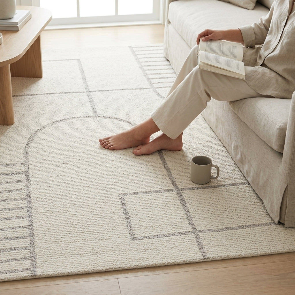 A light beige area rug with a minimalist gray geometric line pattern is shown in a bright living room. A person in matching beige loungewear sits on a light-colored sofa holding an open book, with bare feet on the rug and a gray ceramic mug nearby.