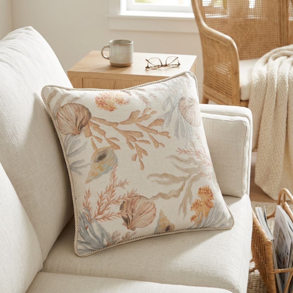 A square decorative throw pillow with a nautical shell and coral pattern in muted beige, tan, and soft blue-gray tones, styled on a cream-colored sofa in a bright living room setting.