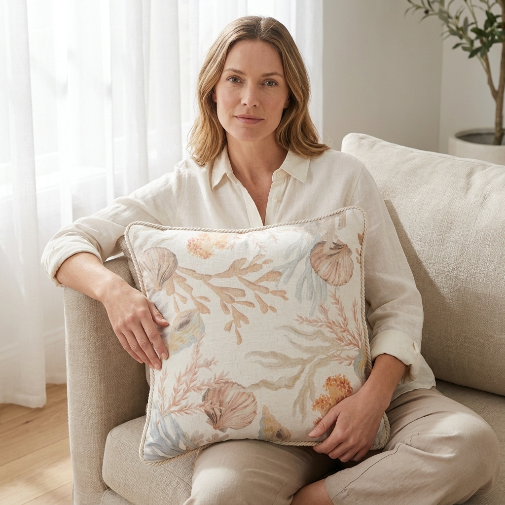A woman sits on a beige armchair holding a square decorative throw pillow with a soft botanical and shell-like print in muted beige, blush, and pale blue tones.