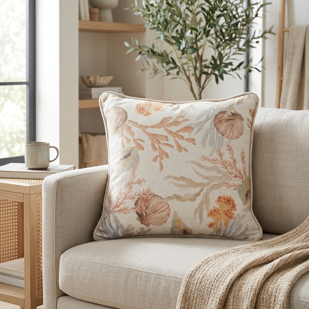 A square decorative throw pillow with a beige and cream background and an ocean-themed print of seashells, coral, and jellyfish, styled on a light beige armchair in a cozy living room setting.