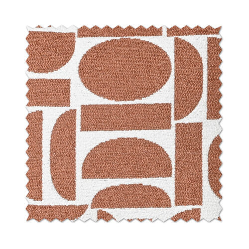 A square fabric or material swatch with scalloped edges, featuring a terracotta rust and white geometric pattern of semi-circles, arcs, and blocks.
