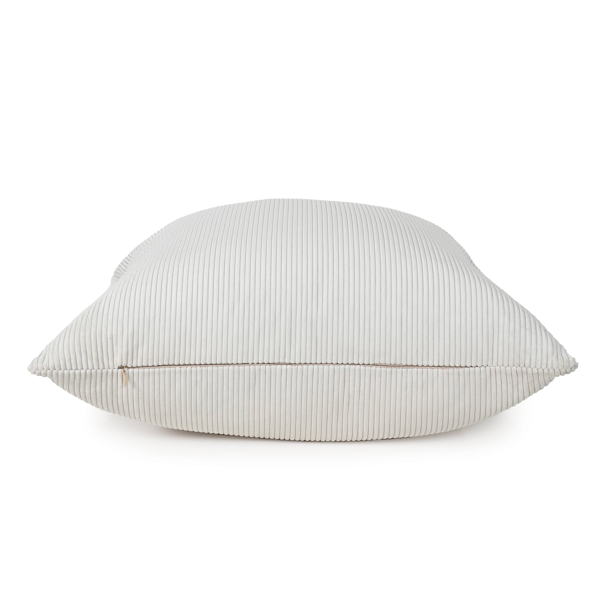 A square throw pillow in a light gray ribbed corduroy fabric, shown against a plain white background.