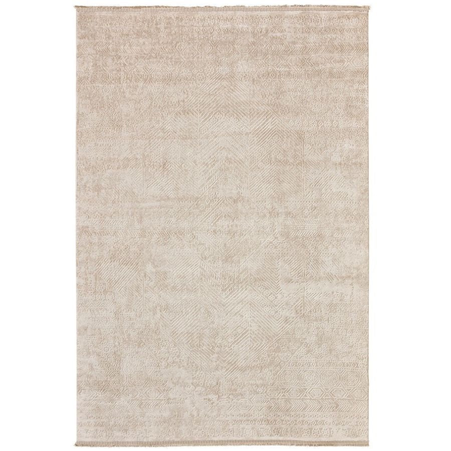 A rectangular area rug with a distressed, textured pattern in warm beige and cream tones, shown flat against a white background.