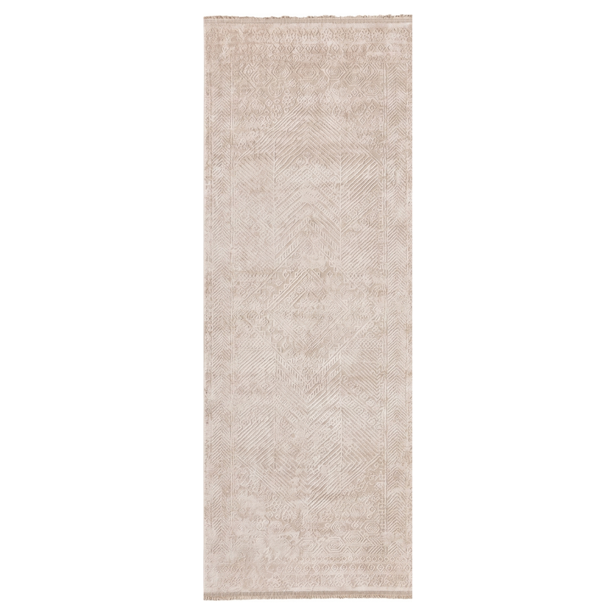 Beige runner rug with subtle pattern on a white background
