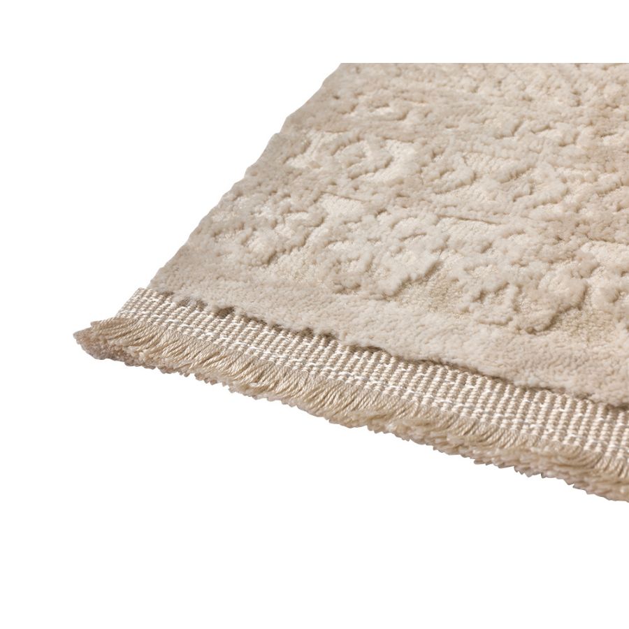 Beige textured rug with a woven edge on a white background