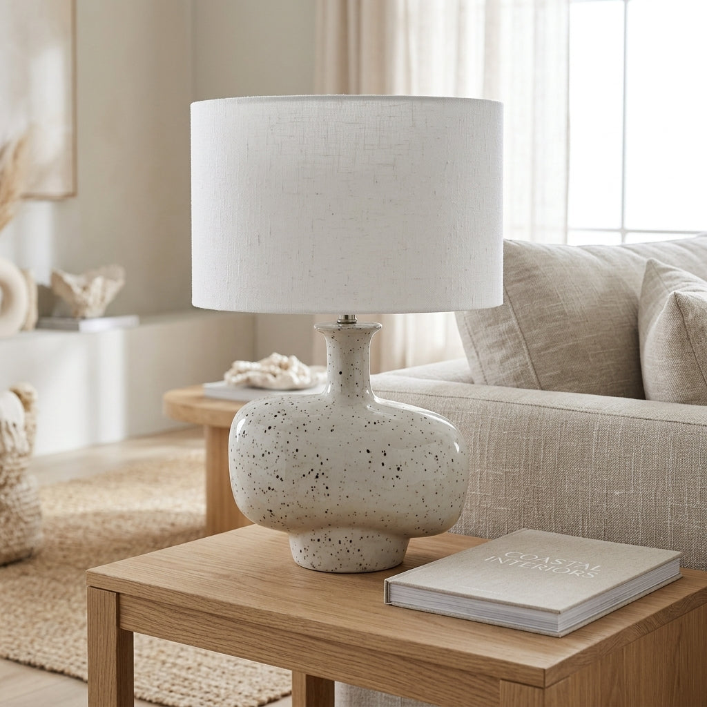 A table lamp with a speckled cream ceramic base and a white drum shade, styled on a wooden side table in a bright, modern living room next to a sofa.
