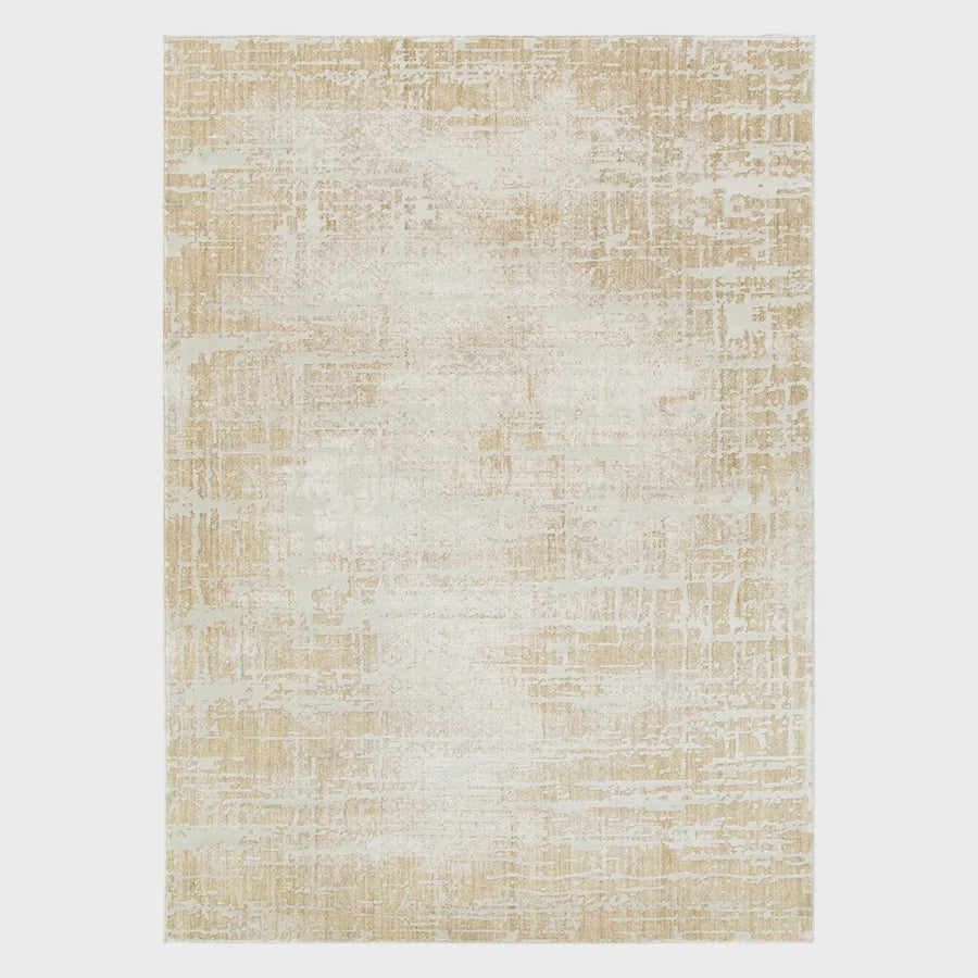 Beige and white patterned rug on a white background