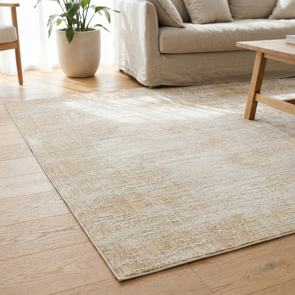 A rectangular area rug with a distressed, textured pattern in cream and beige tones, shown on a light wood floor in a bright living room setting with a sofa and coffee table.