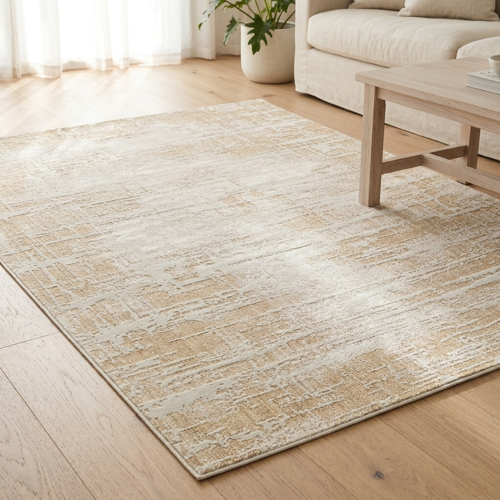 A rectangular area rug with a distressed abstract pattern in beige and cream tones, shown on a light wood floor in a bright living room setting.