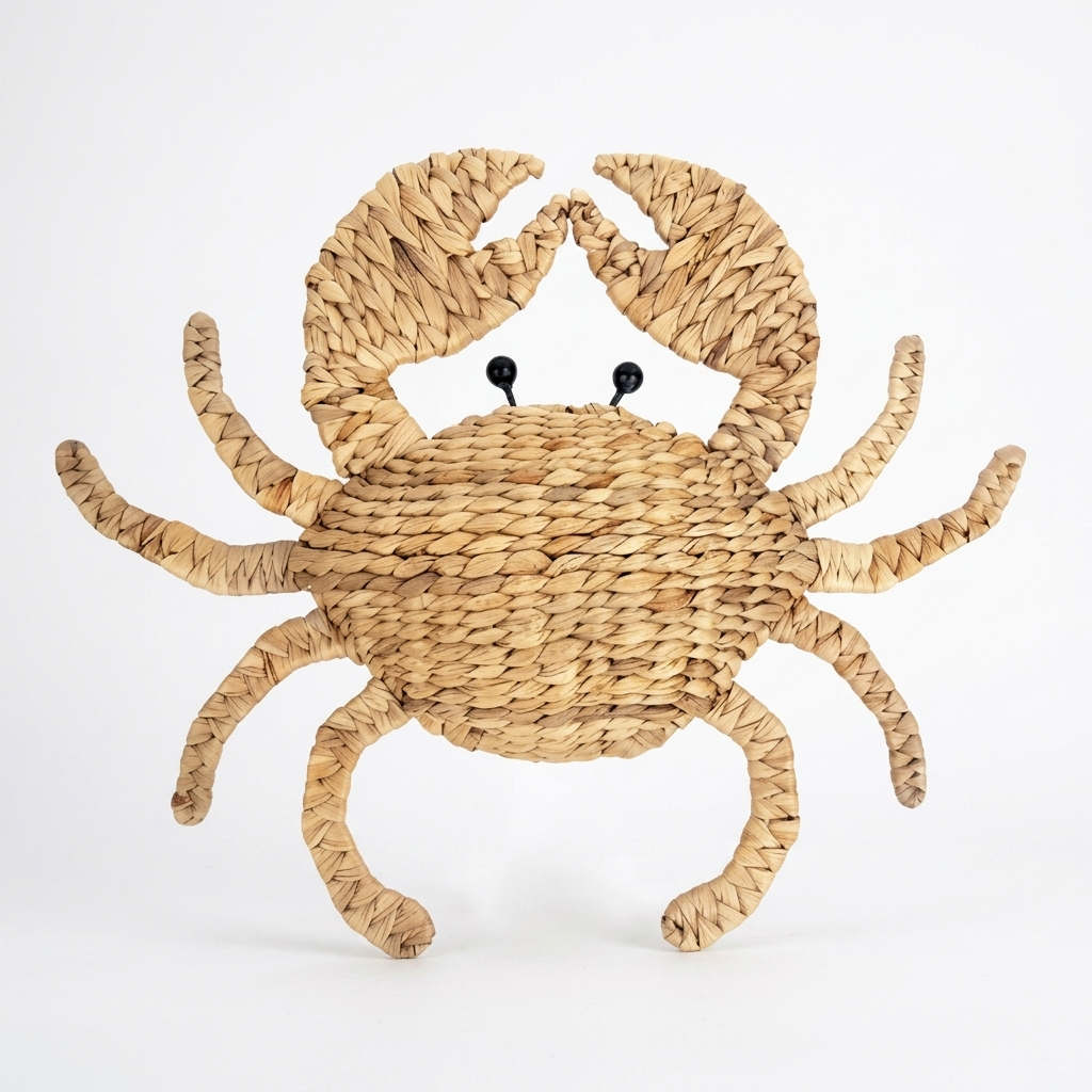 A decorative woven crab wall piece made from natural straw in a light tan color, featuring small black bead eyes, set against a plain white background.