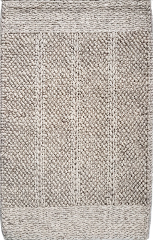 A rectangular wool and viscose rug with a textured plain loop and rope design in a sandy color, handwoven.
