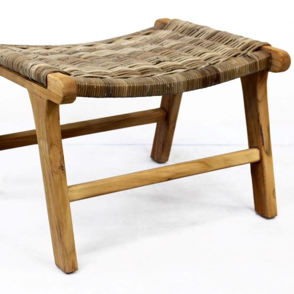 Wooden stool with woven seat on a white background