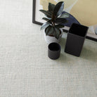 Two black planters and a potted plant on a textured surface with a blurred background
