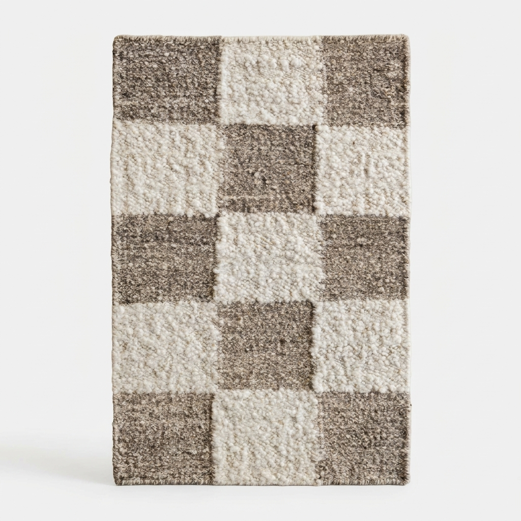 A rectangular shag area rug with a checkerboard pattern in taupe and cream, shown against a plain light gray background.