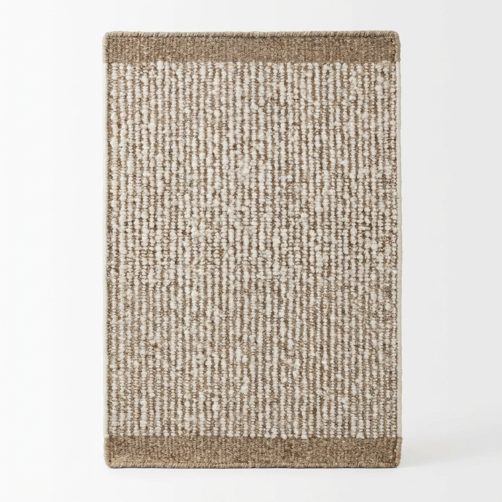 A rectangular area rug with a textured vertical ribbed pattern in beige and brown tones, featuring solid brown borders on the top and bottom, shown against a plain white background.