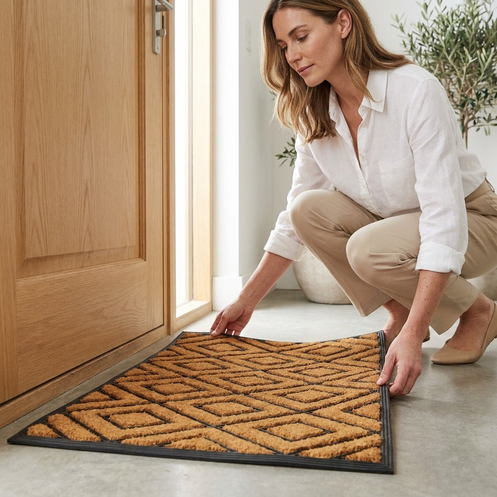 Woman placing a doormat on a floor next to a wooden door.