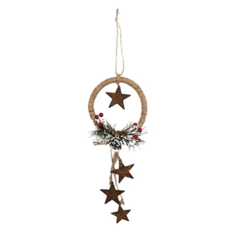 A rustic hanging Christmas ornament featuring a natural jute ring with a brown wooden star, a small green pine garland with red berries and a pinecone, and three dangling wooden stars on a white background.
