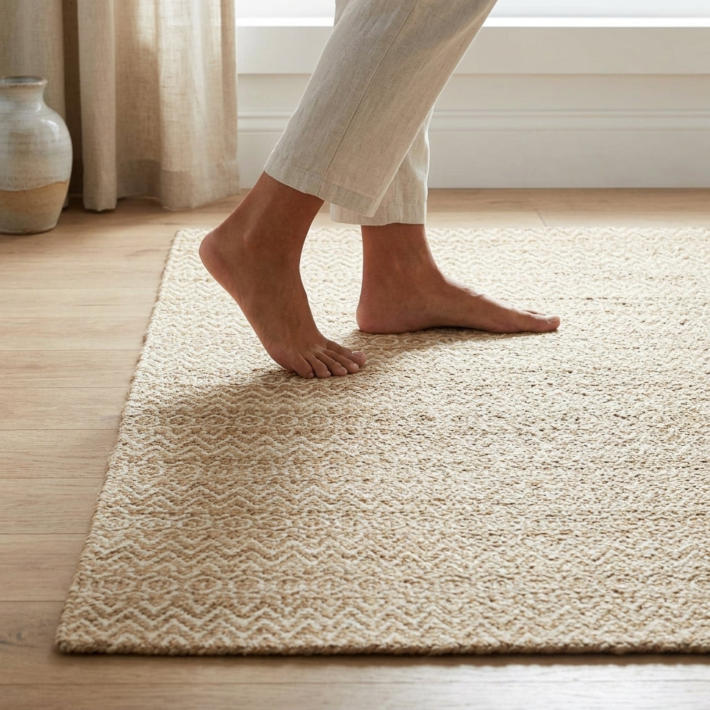 A person wearing light beige pants steps onto a textured cream and beige woven area rug on a light wood floor in a bright room.